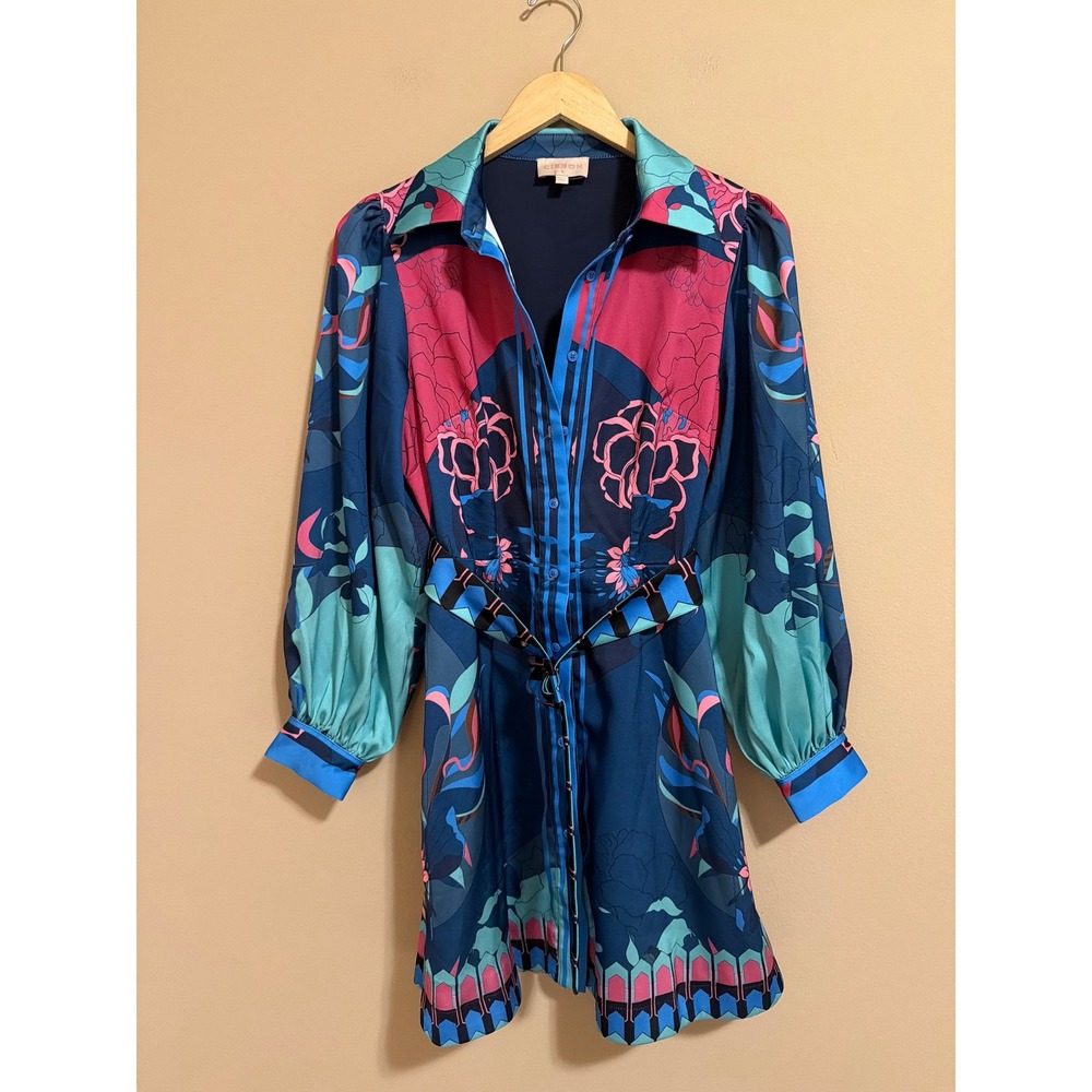 Ciebon Womens Blue Pink Floral Geometric Long Sleeve Belted Mini Shirt Dress S